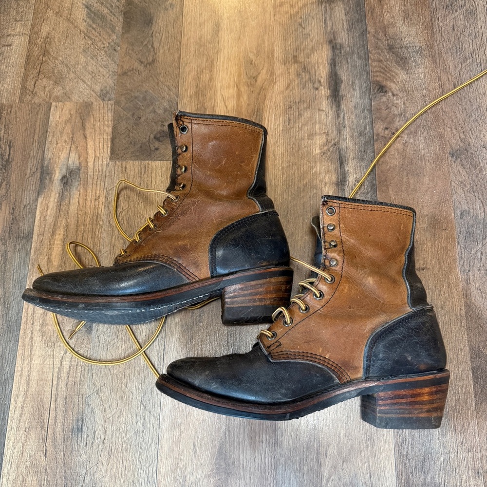 Western leather lace up boots two tone brown and black women’s size 8.5